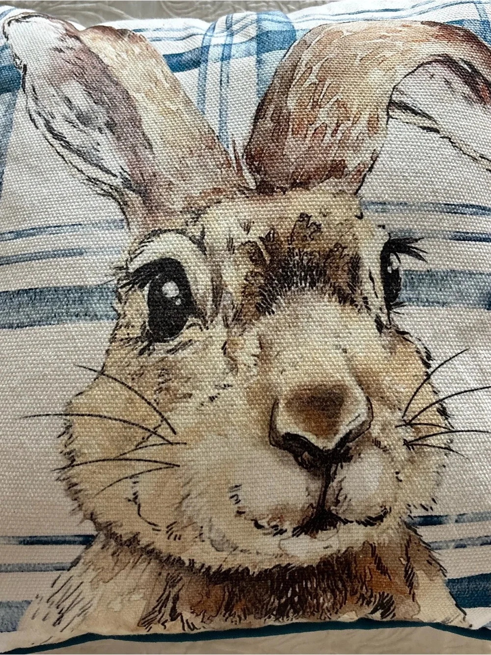 Pier 1 Blue Bunny decorative throw accent pillow bunny face plaid 17 x 17